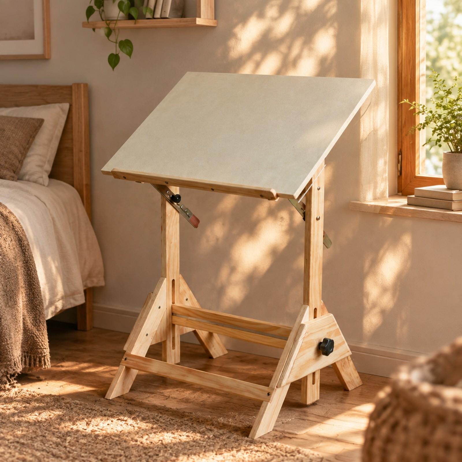 Wood Woodworking - 高さ調節可能なアートデスク。傾斜した天板と、作品をしっかりと固定できる縁が付いた、木製のクリエイティブワークテーブル。