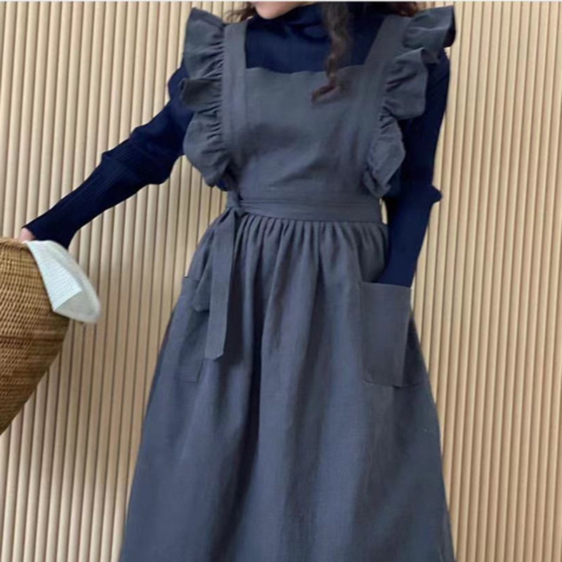 Woodworking Apron - フランス宮殿風エプロン レトロフリルエッジ コットンエプロン キッチン ベーキング ミルクティー